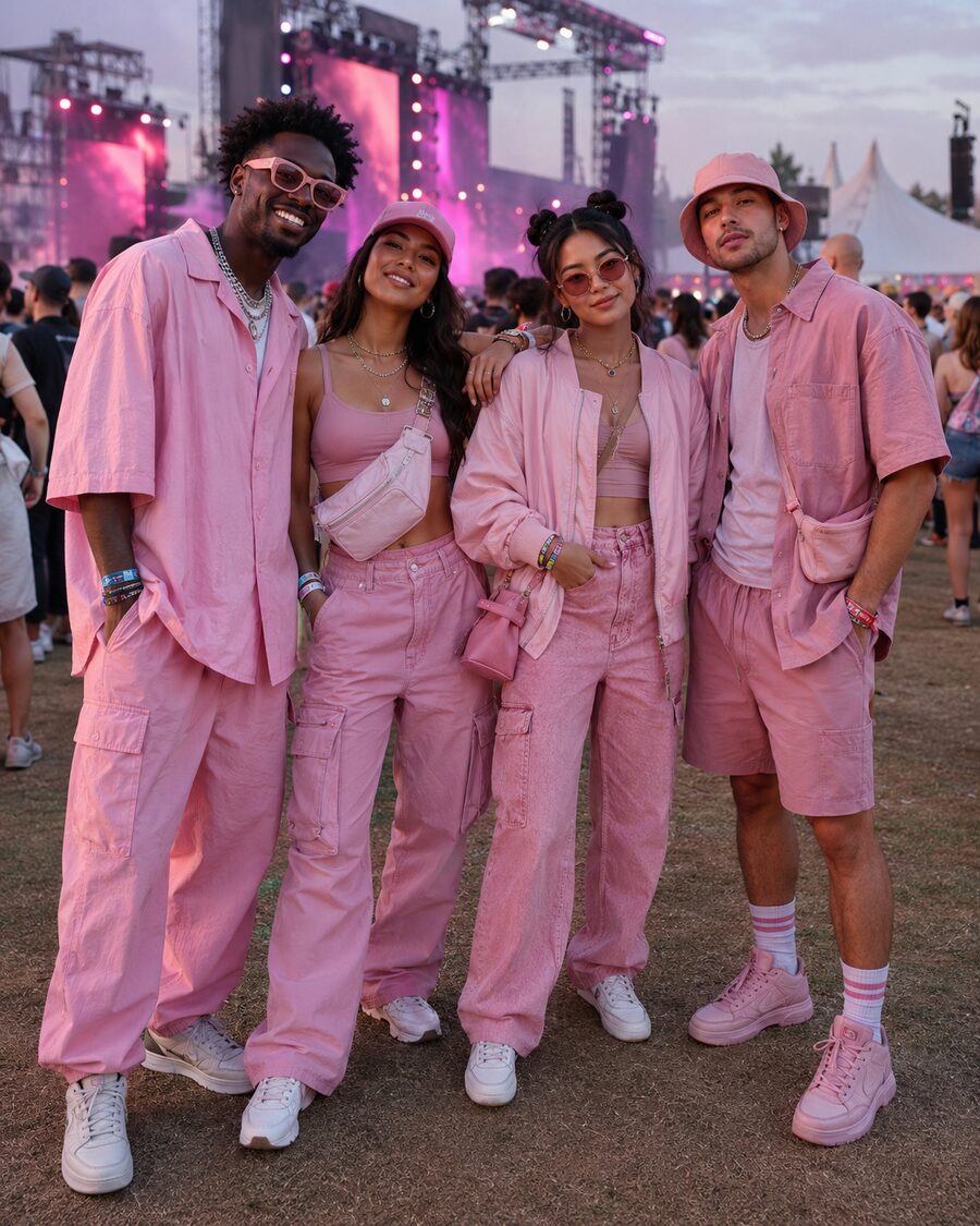 Festival-goers showing up in all-pink outfits for Paradise Pink