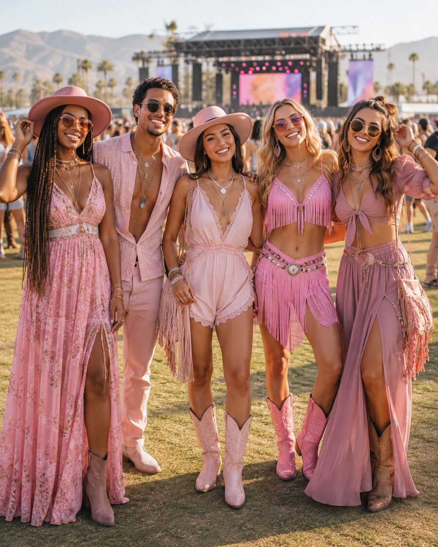 Friends in coordinated pink looks for Paradise Pink dress code inspiration