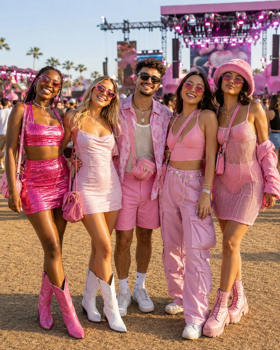 Group dressed head-to-toe in pink showing the Paradise Pink vibe